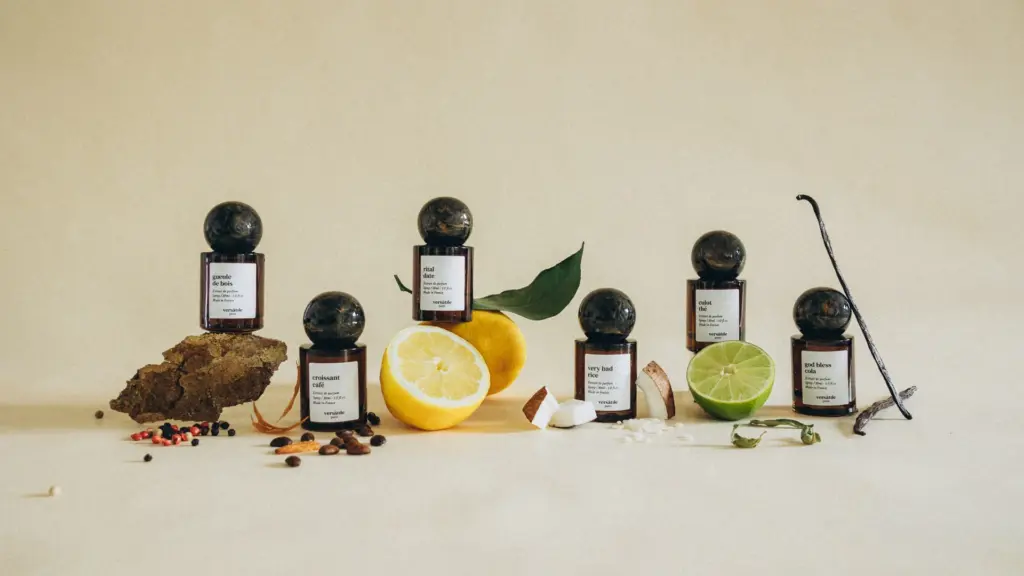 Versatile Paris, perfume collection Six Versatile Paris perfume bottles with ingredients, including Gueule de Bois, Rital Date and Croissant Café